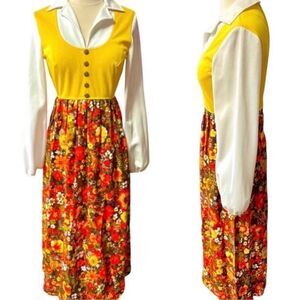 Beyond Babely Vintage 60s 70s DAY GLO Neon Velvet Floral Twofer Style Maxi Dress